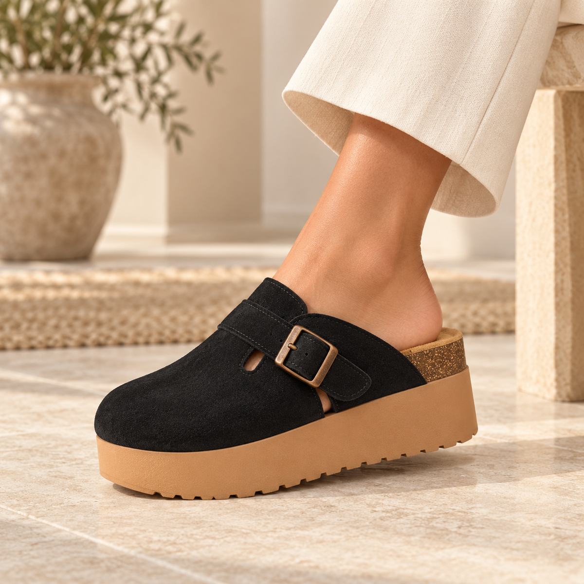 birkenstock suede platform clogs featuring an adjustable side buckle