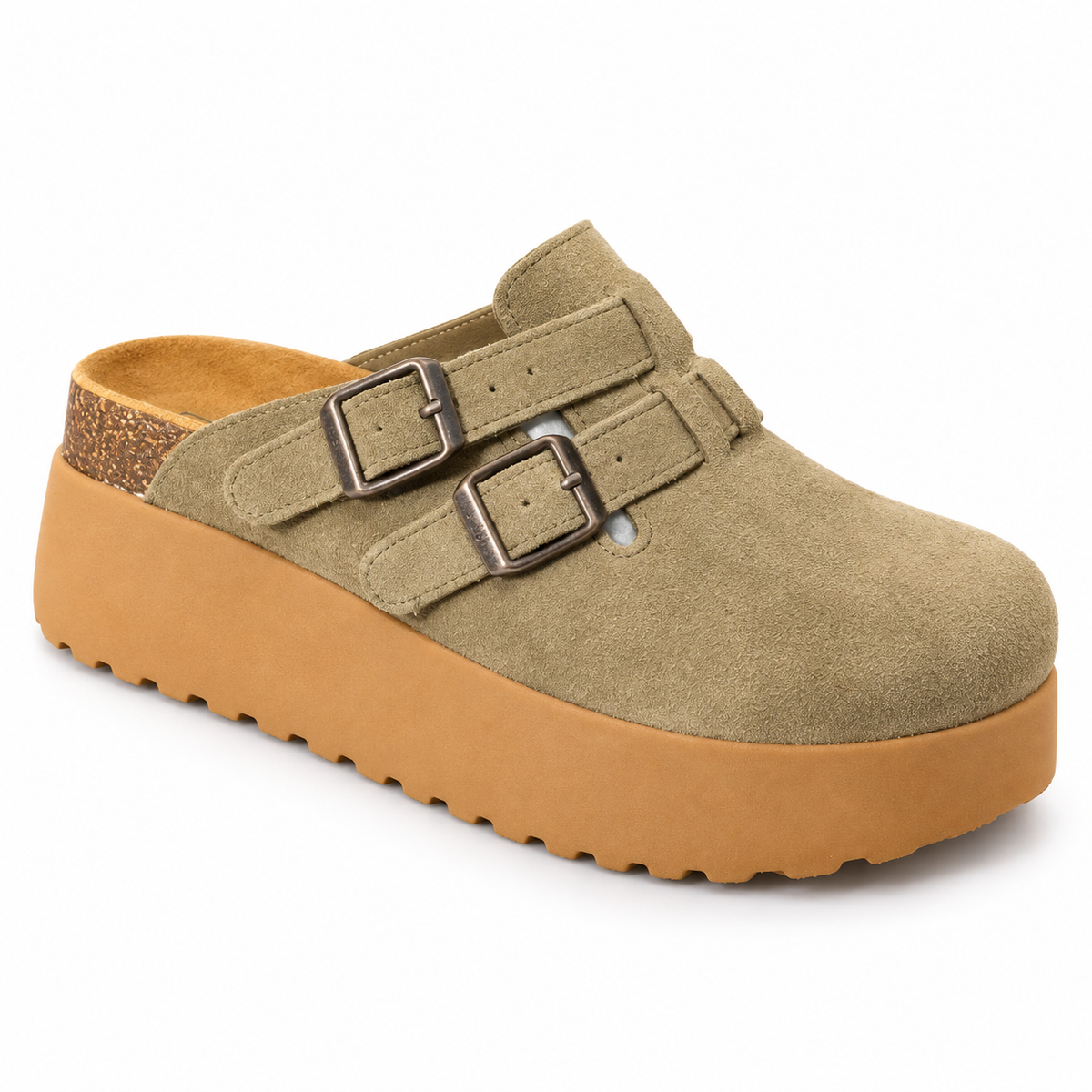 birkenstock suede platform clogs featuring double buckle