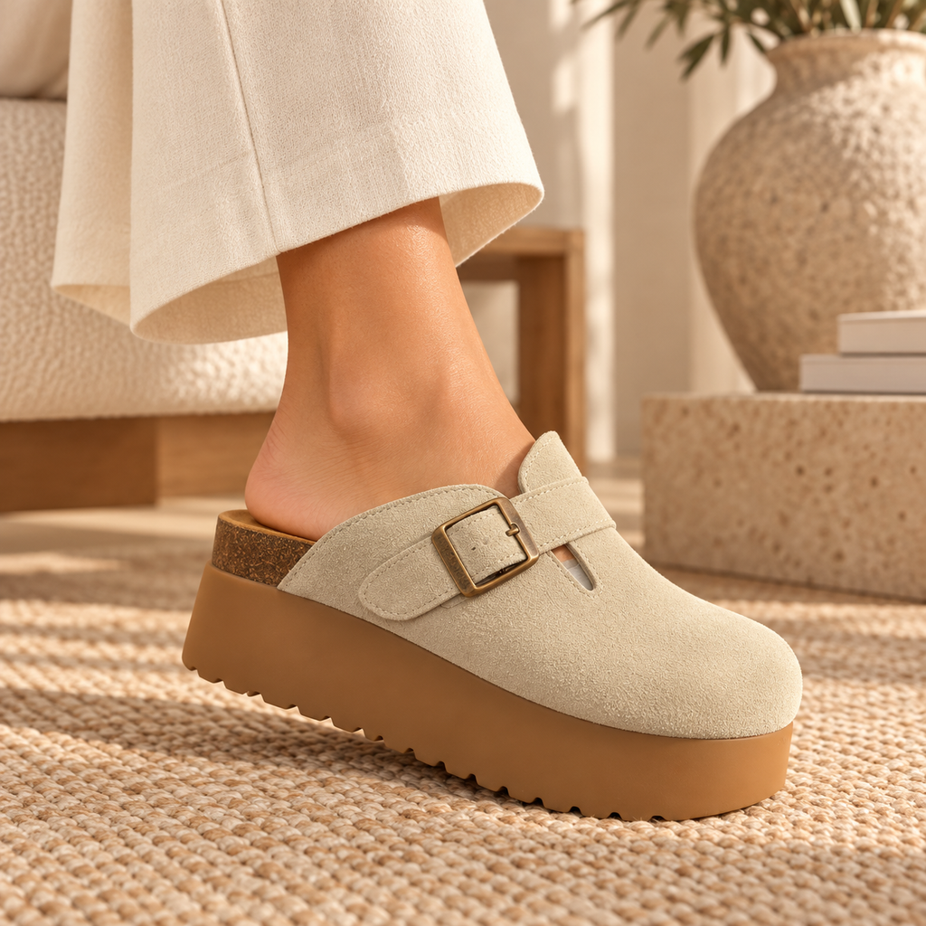 birkenstock suede platform clogs featuring an adjustable side buckle