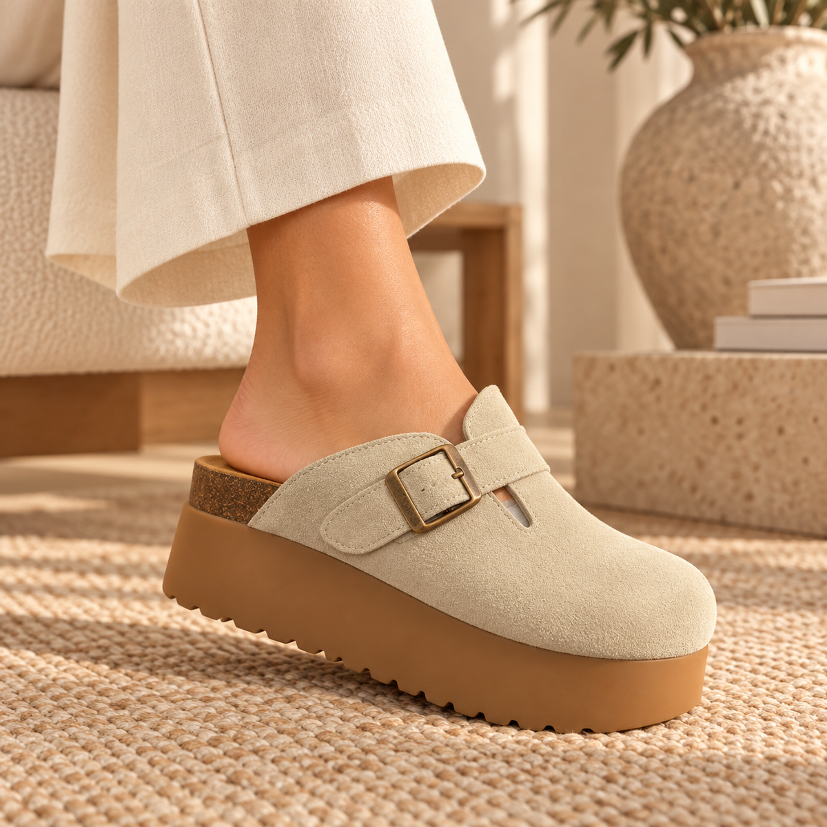 birkenstock suede platform clogs featuring an adjustable side buckle