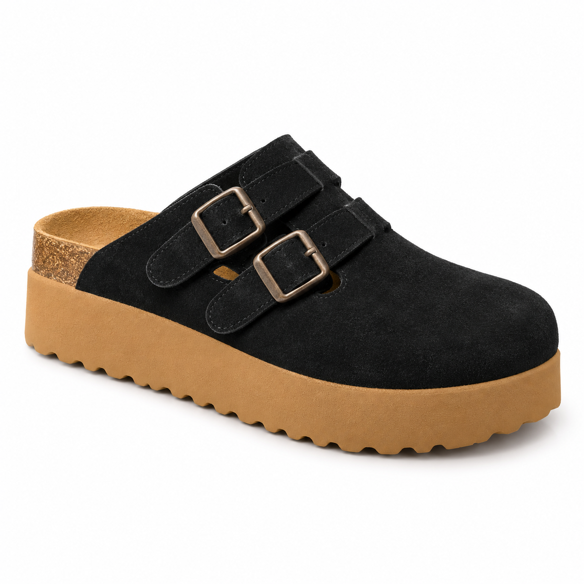 birkenstock suede platform clogs featuring double buckle