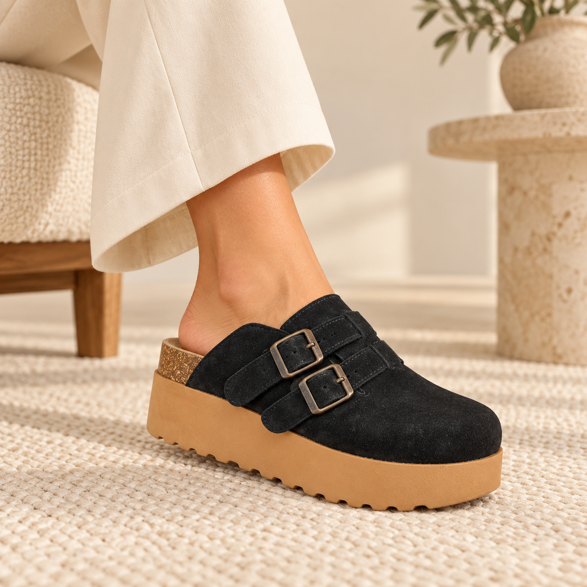 birkenstock suede platform clogs featuring double buckle