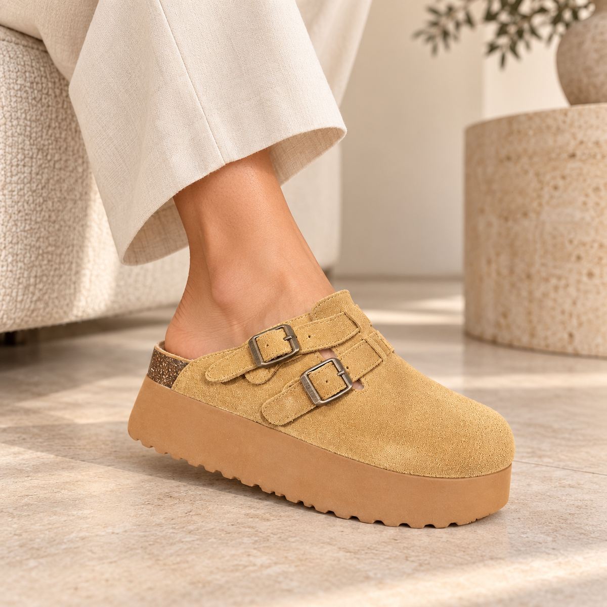 birkenstock suede platform clogs featuring double buckle