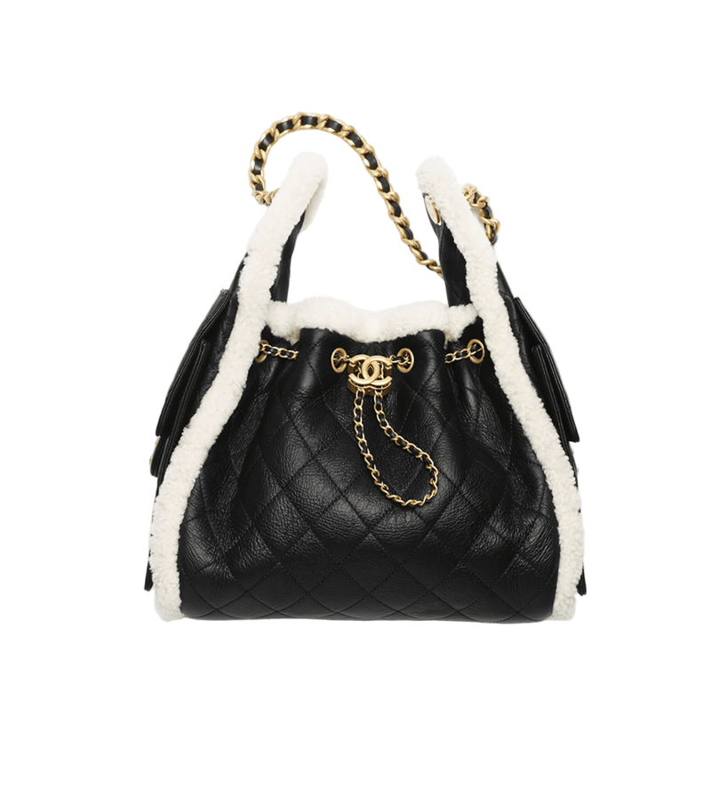 CHANEL 25 SMALL HANDBAG BLACK & WHITE CRUMPLED SHEARLING SHEEPSKIN WITH GOLD TONE METAL
