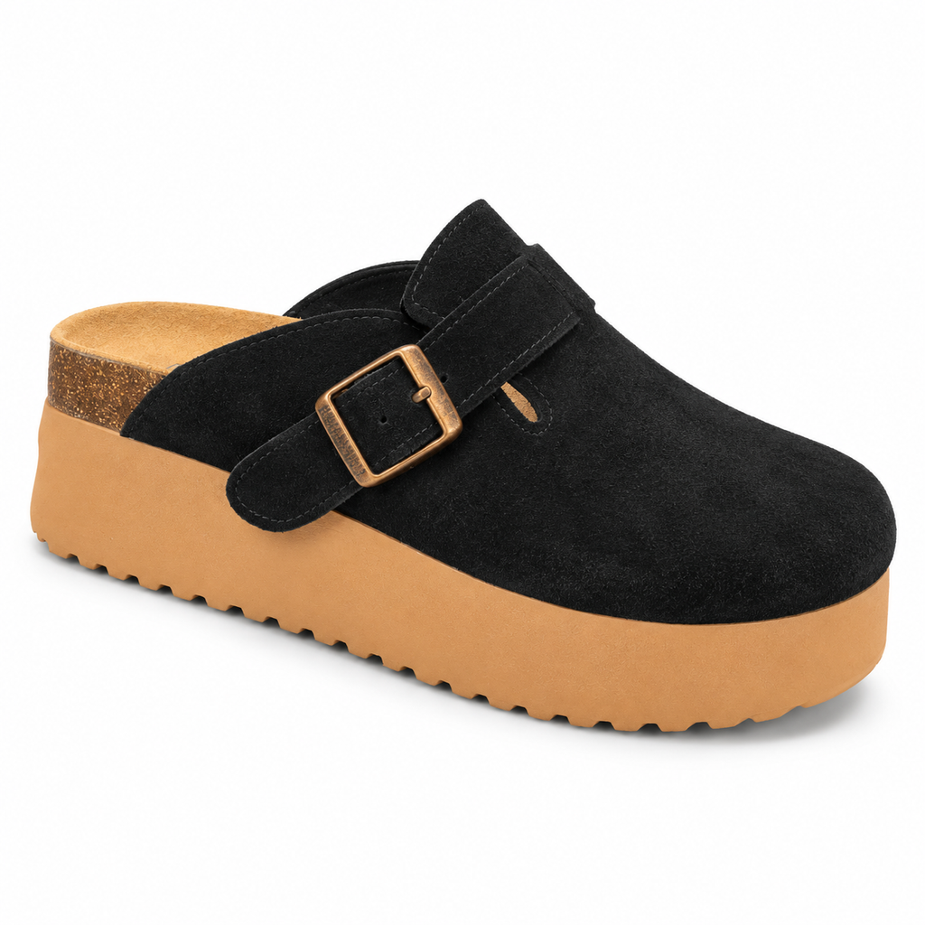 birkenstock suede platform clogs featuring an adjustable side buckle