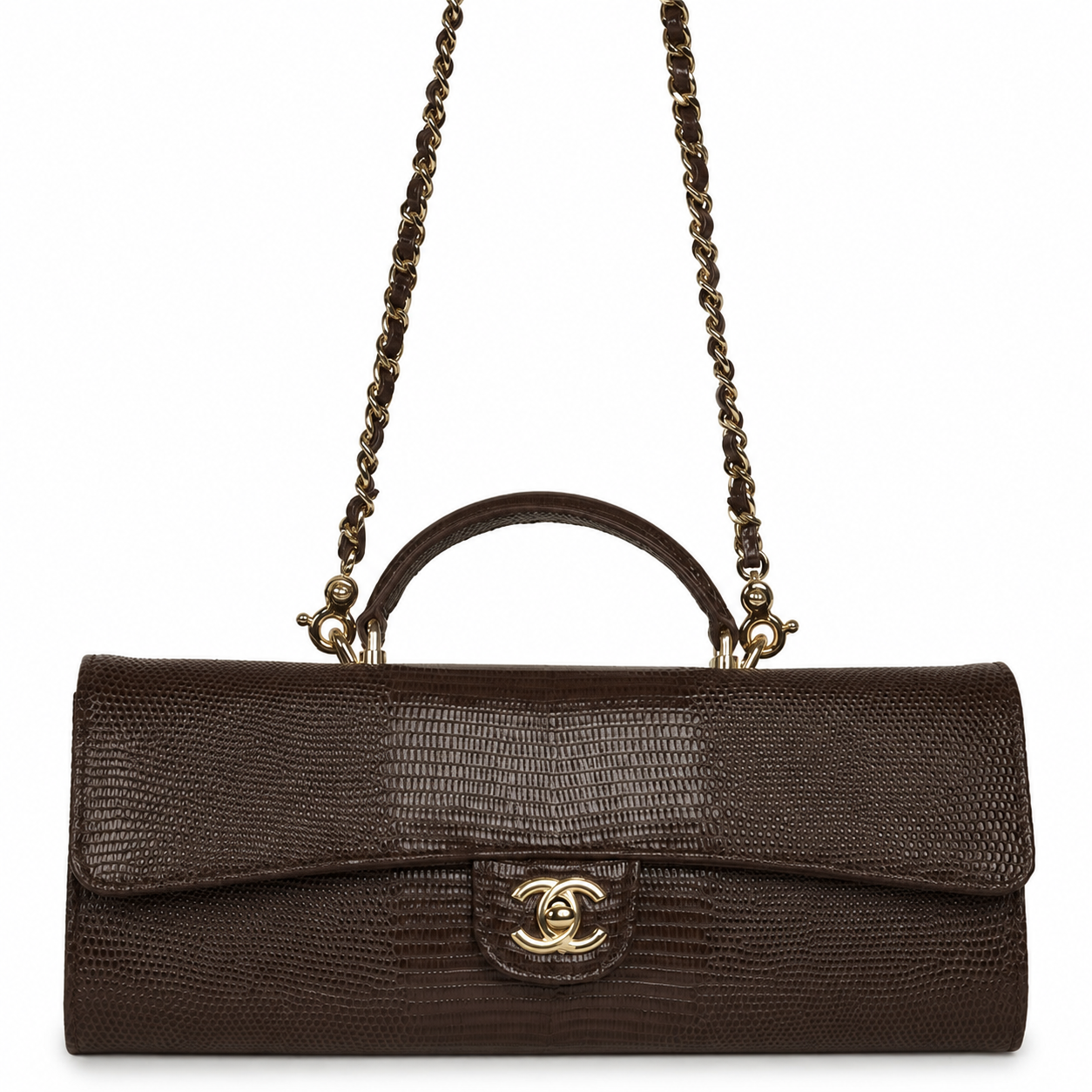 Chanel Lizard-Embossed Calfskin Top Handle Long Clutch with gold-tone hardware