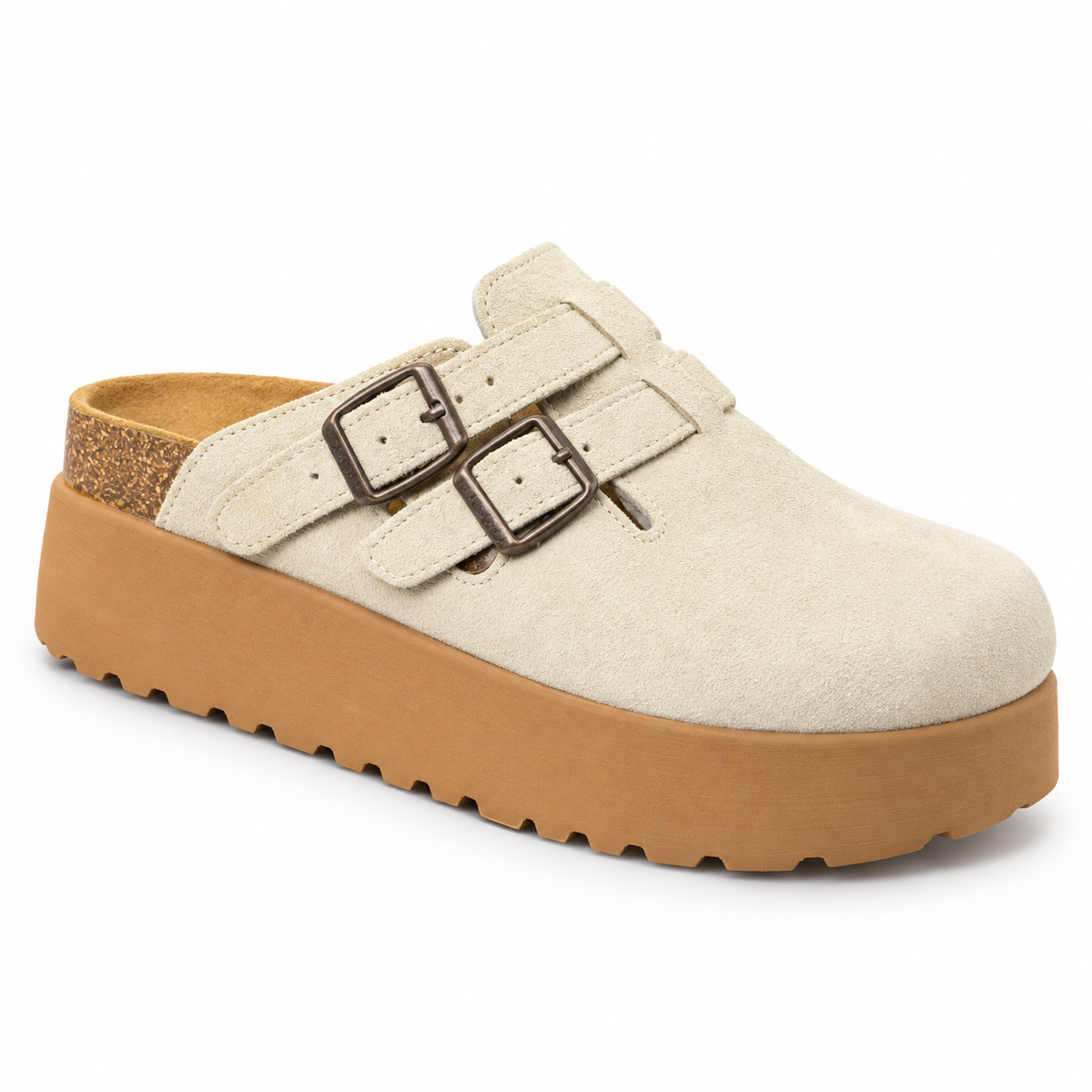 birkenstock suede platform clogs featuring double buckle