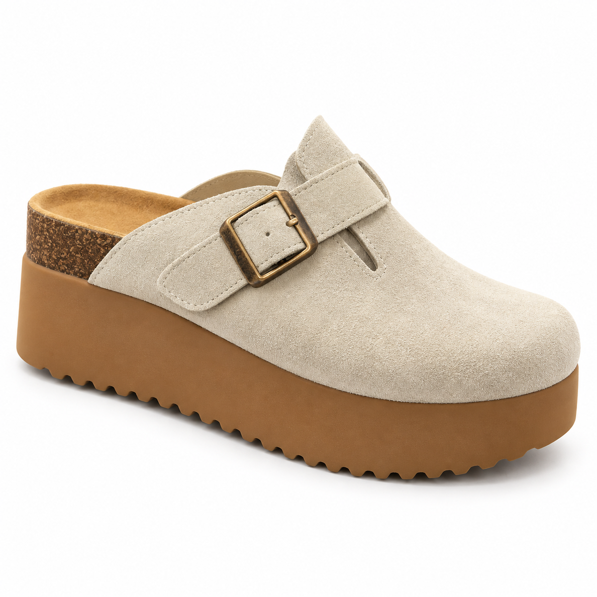birkenstock suede platform clogs featuring an adjustable side buckle