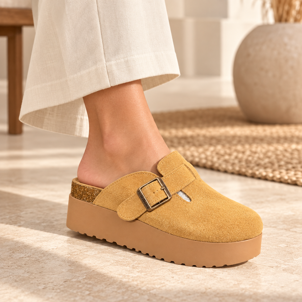 birkenstock suede platform clogs featuring an adjustable side buckle