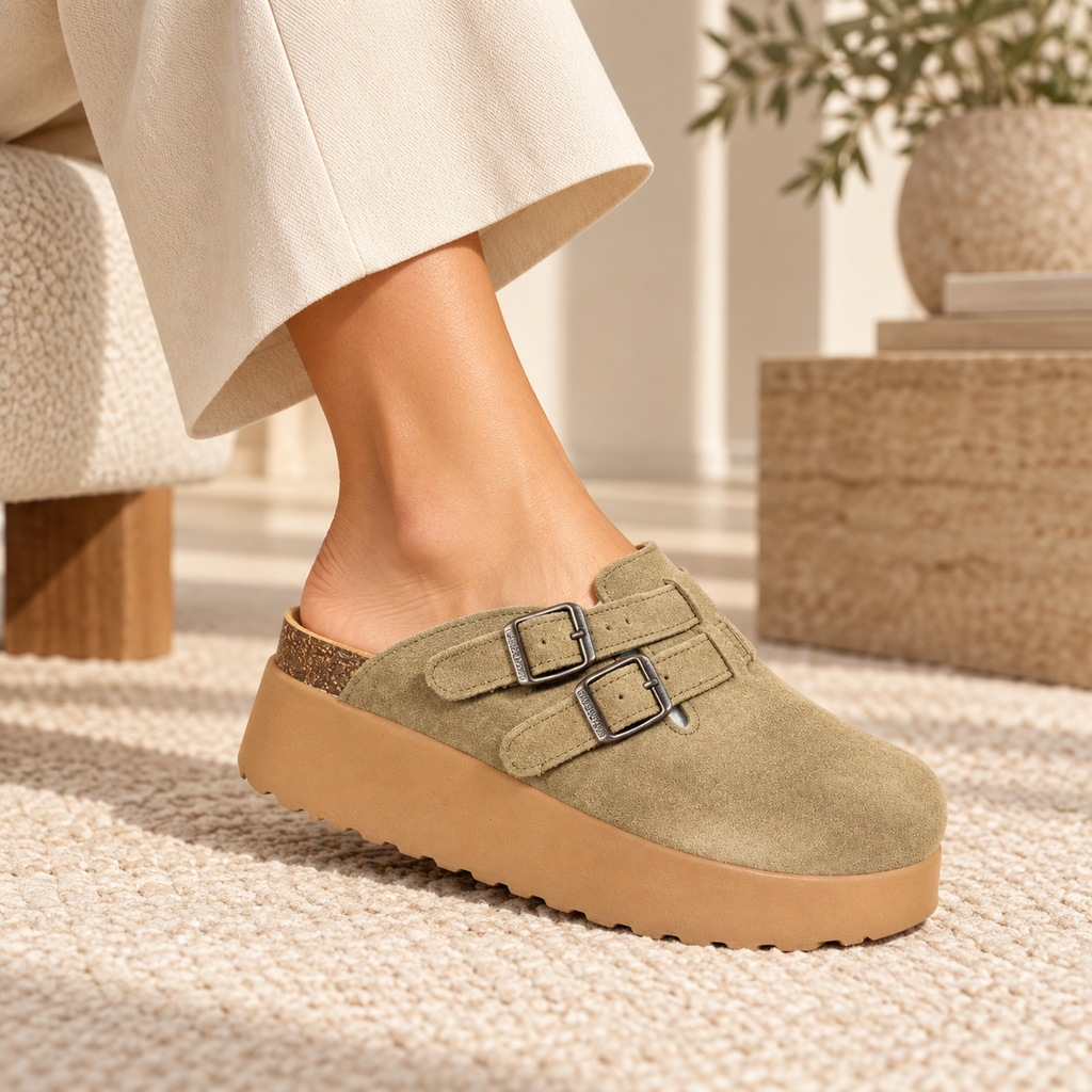 birkenstock suede platform clogs featuring double buckle
