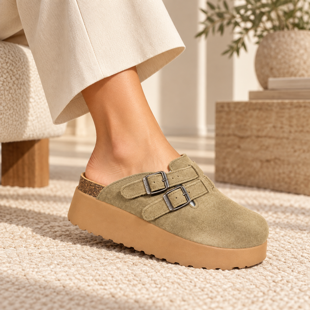 birkenstock suede platform clogs featuring double buckle