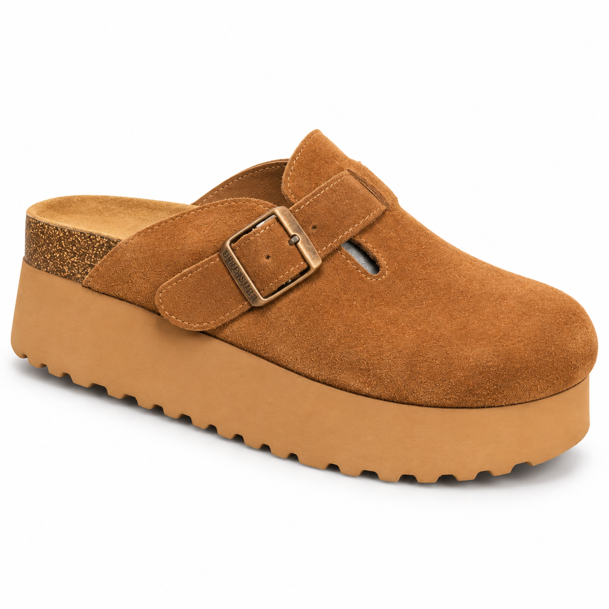 birkenstock suede platform clogs featuring an adjustable side buckle