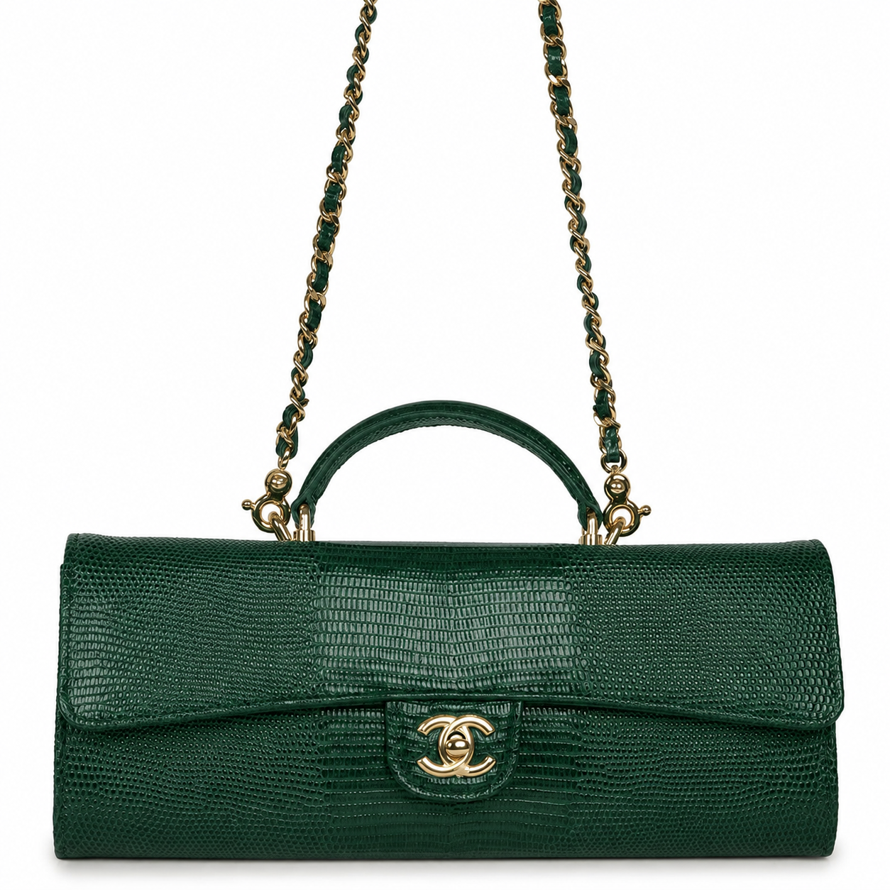 Chanel Lizard-Embossed Calfskin Top Handle Long Clutch with gold-tone hardware