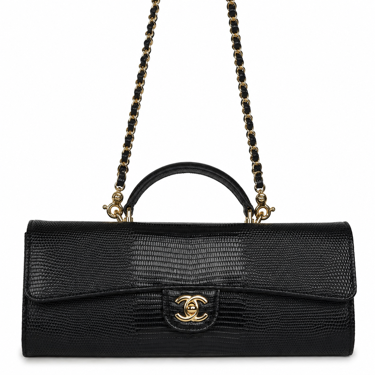 Chanel Lizard-Embossed Calfskin Top Handle Long Clutch with gold-tone hardware
