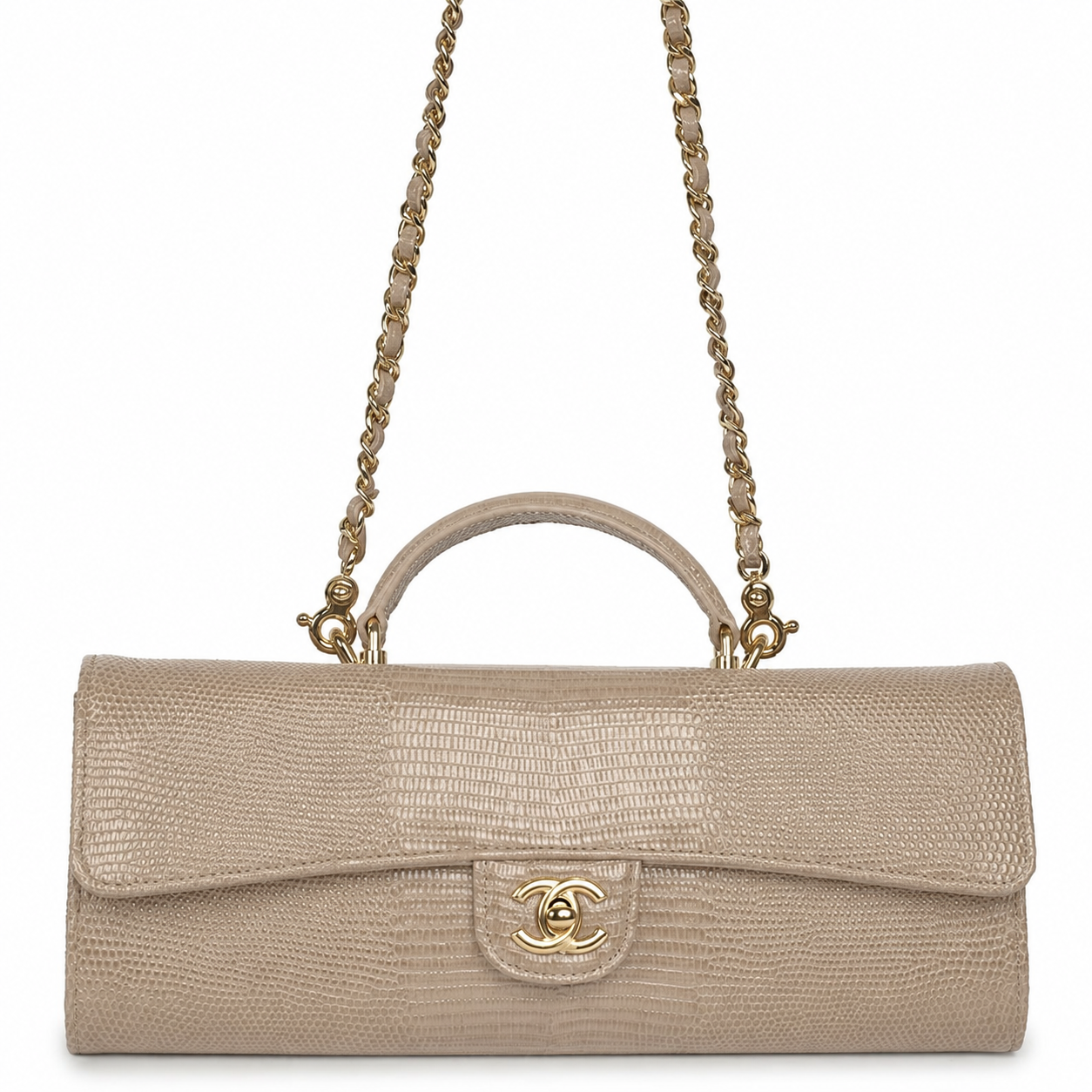 Chanel Lizard-Embossed Calfskin Top Handle Long Clutch with gold-tone hardware