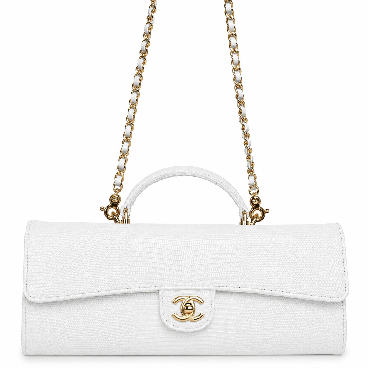 Chanel Lizard-Embossed Calfskin Top Handle Long Clutch with gold-tone hardware
