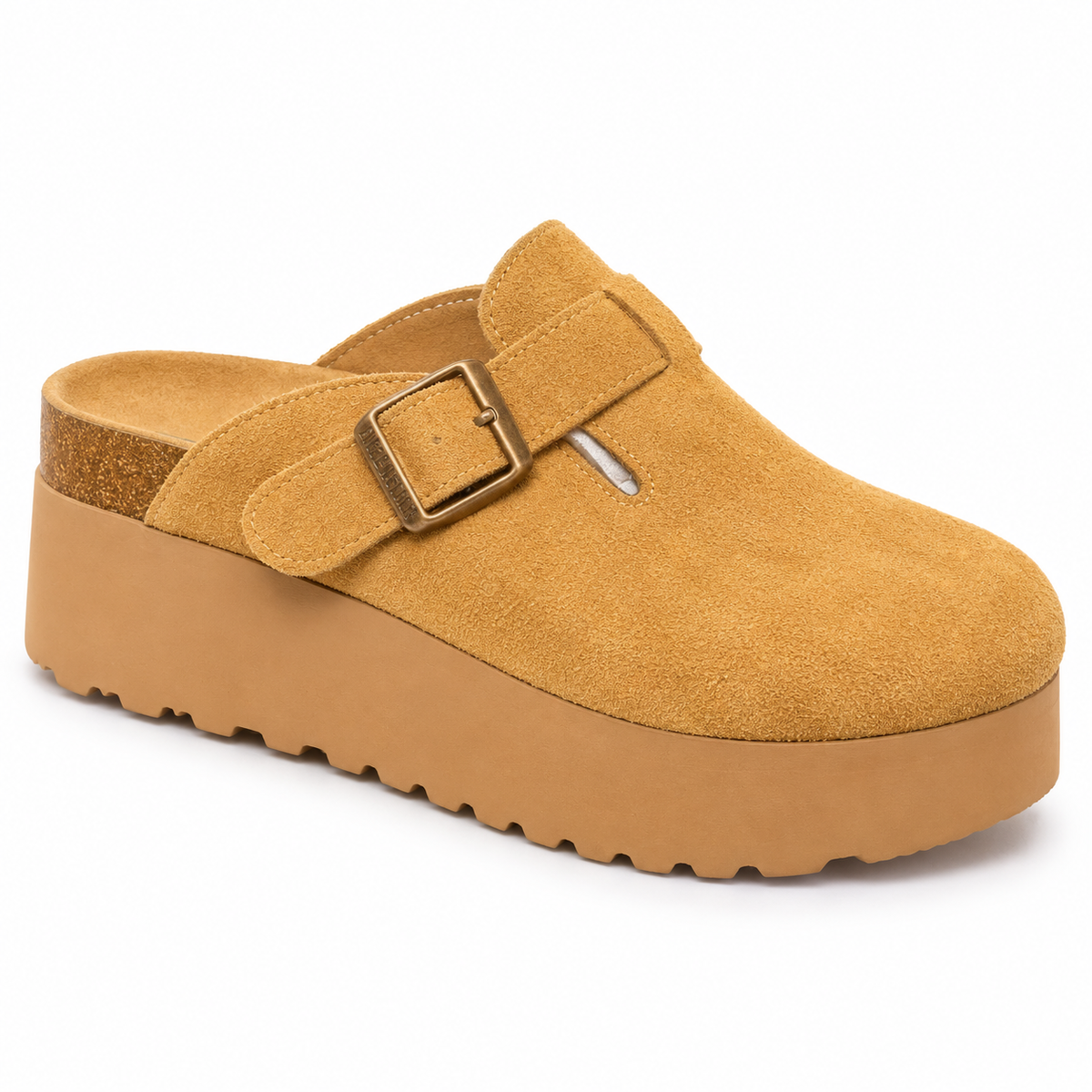 birkenstock suede platform clogs featuring an adjustable side buckle