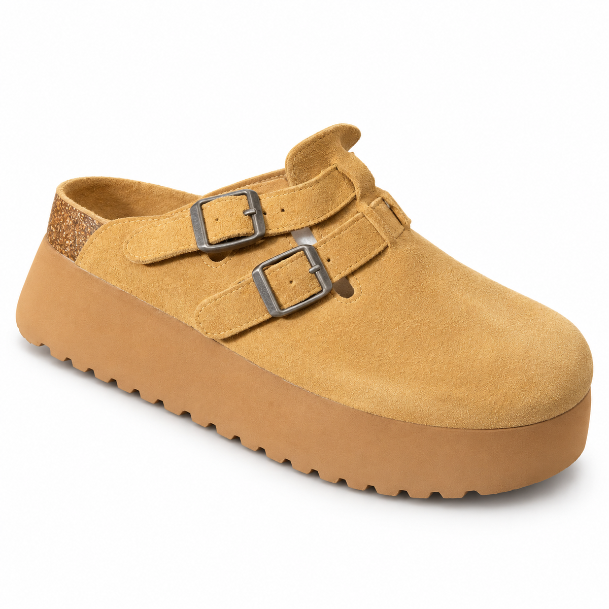 birkenstock suede platform clogs featuring double buckle