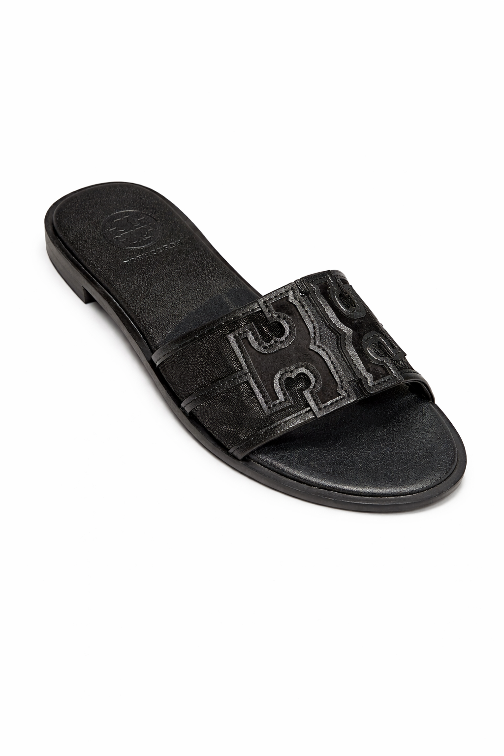 Torry Burch Ines Slide sandals featuring a signature Double T logo.
