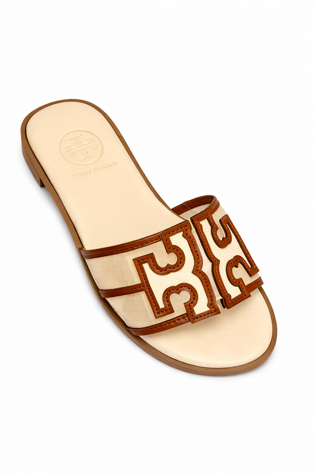 Torry Burch Ines Slide sandals featuring a signature Double T logo.